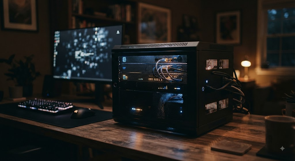 A small local server rack with a single database icon and an embedding model running entirely on-device, no cloud connection lines