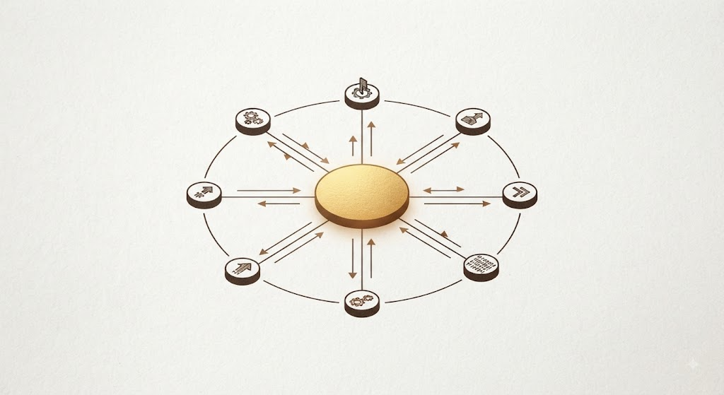 An advisor-orchestrator pattern - one large central gold planner node radiating thin espresso lines to several smaller fast worker nodes arranged around it, each worker returning results to the planner