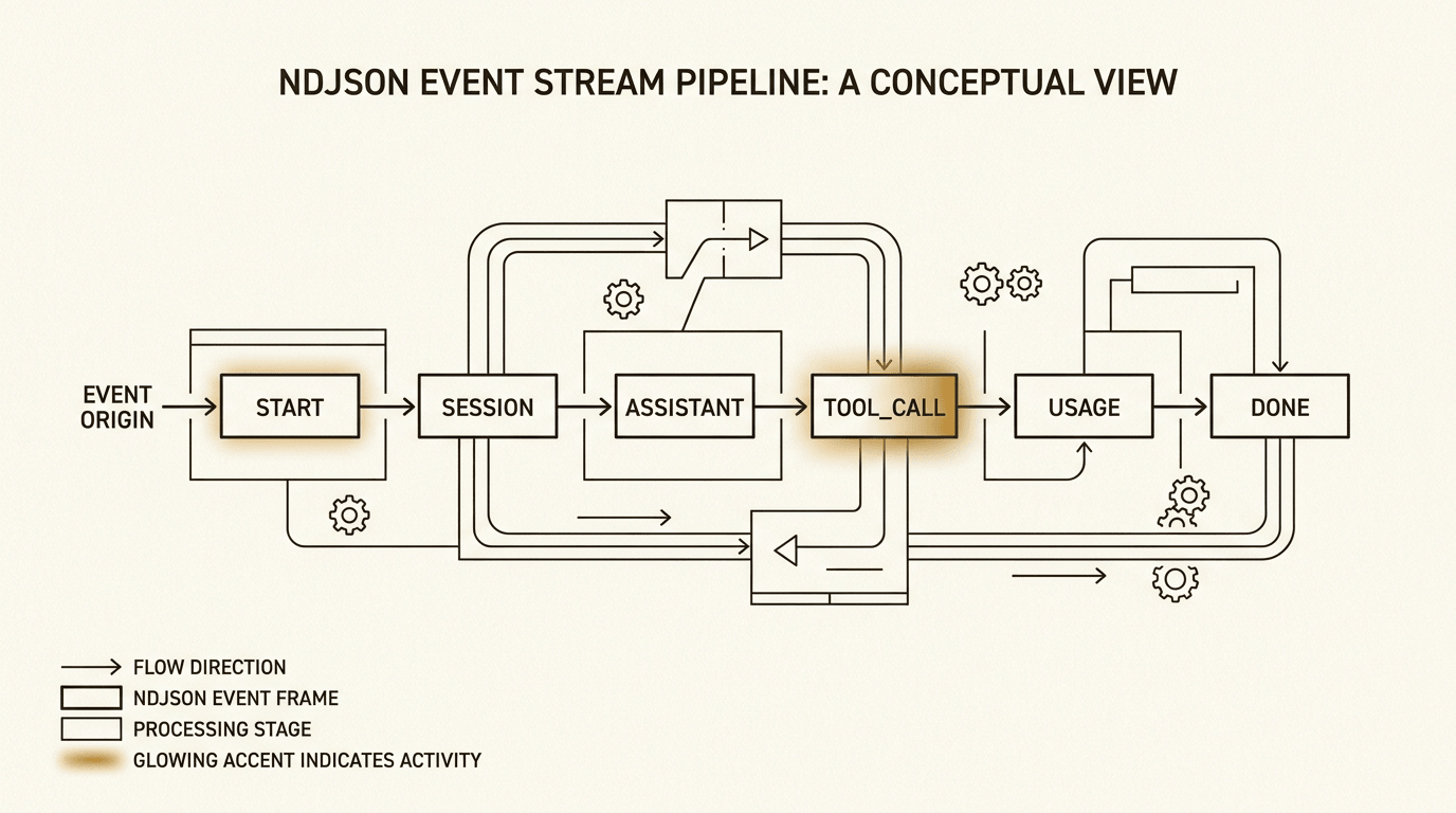 NDJSON event stream showing protocol event types flowing from monomind to mono-agent