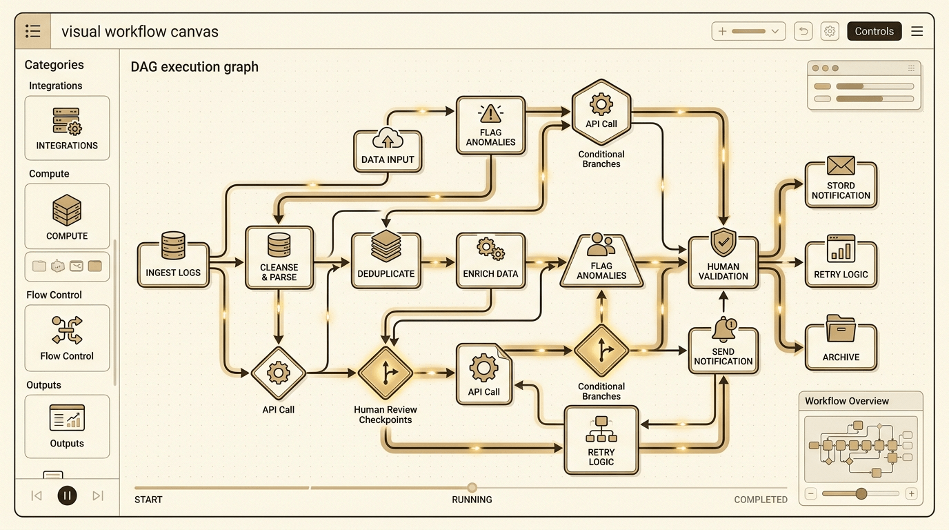 Visual workflow canvas editor showing DAG execution with multiple node types