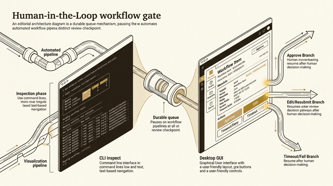 Human-in-loop approval queue showing pending reviews in CLI and GUI