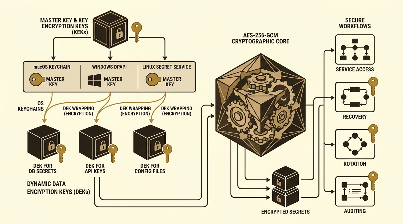 Encrypted secrets vault architecture showing OS keychain integration and AES-256-GCM encryption