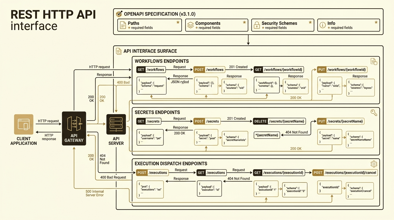 REST API documentation showing endpoints for workflows, secrets, and execution