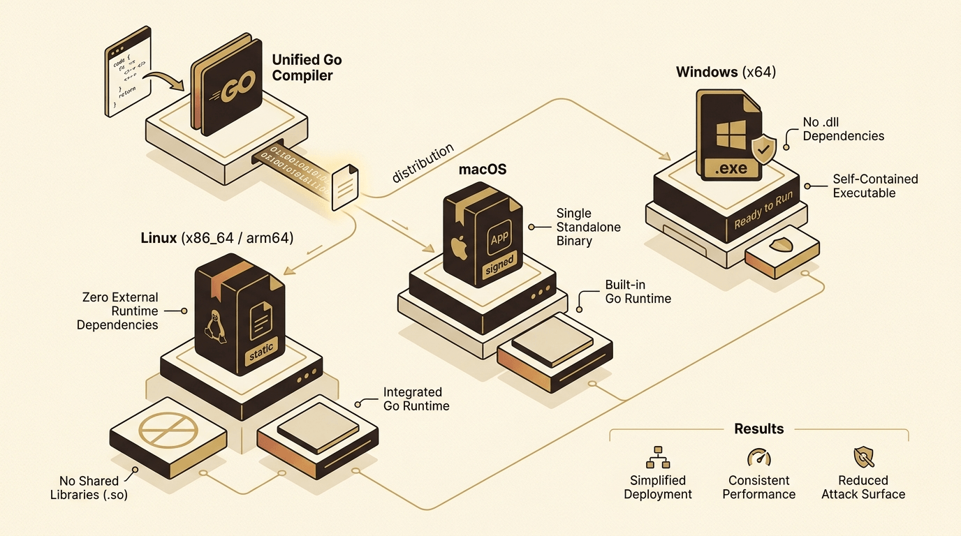 Cross-platform release artifacts showing Linux arm64, macOS, Windows binaries