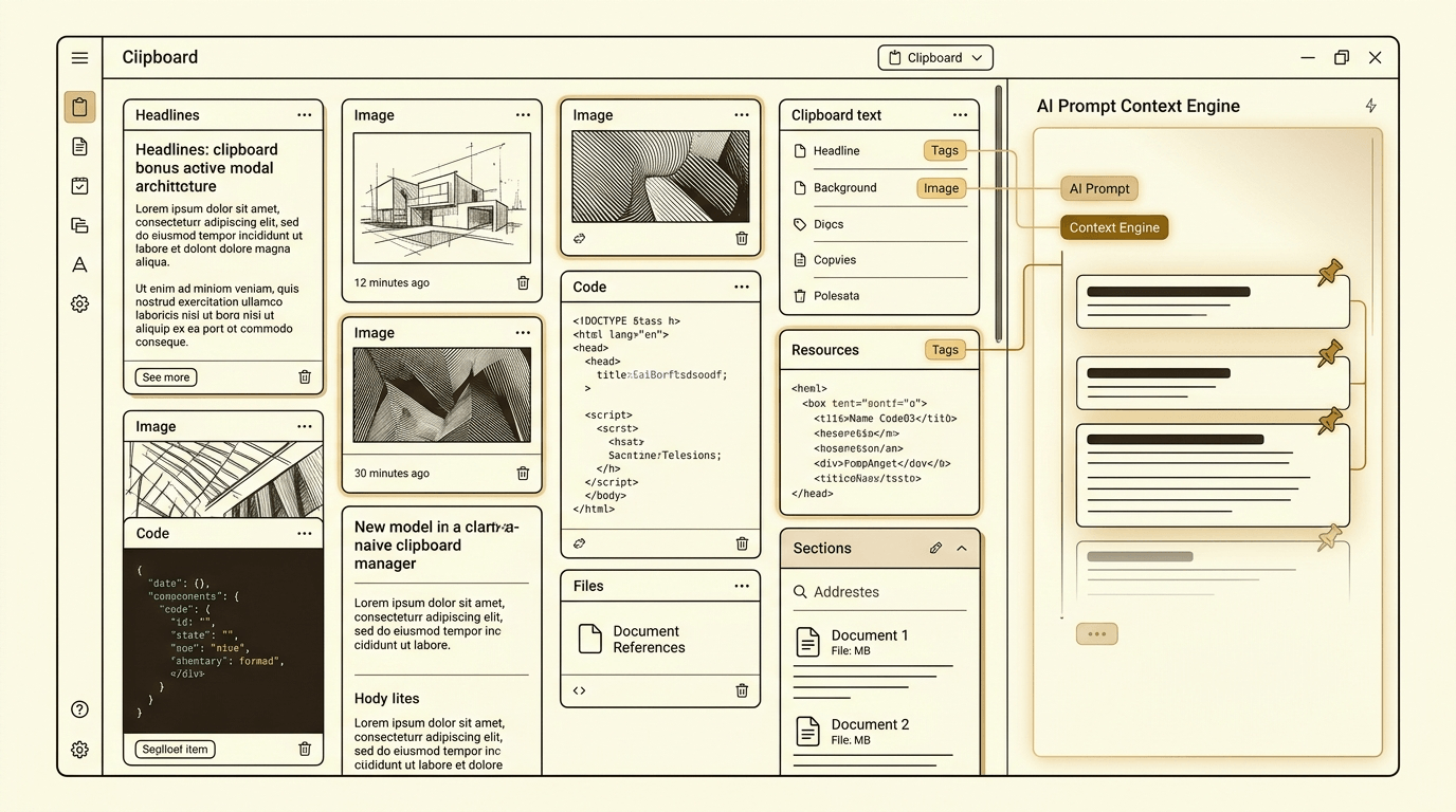 MonoClip UI showing grid of clipboard items with thumbnails and AI integration