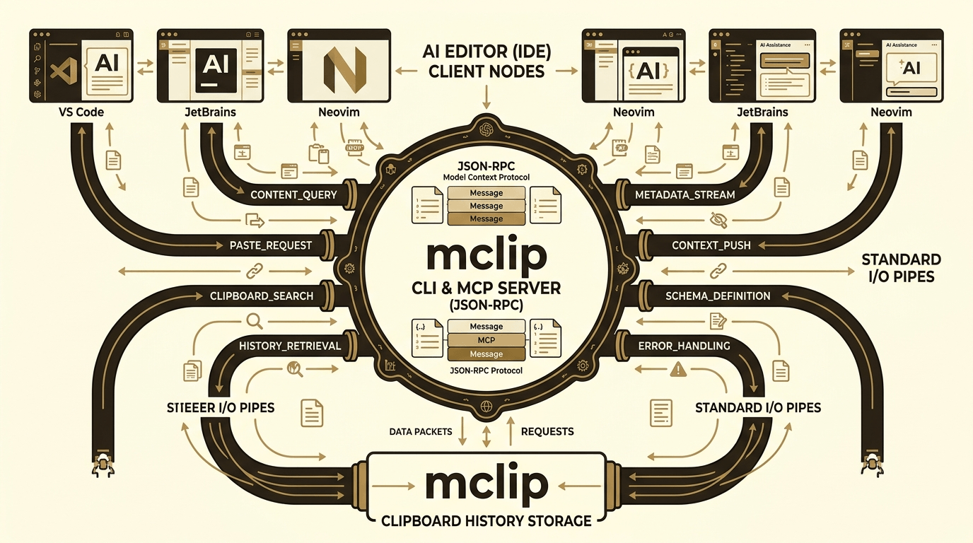 mclip CLI and MCP server integration diagram showing connection to Claude Desktop, Cursor, Windsurf