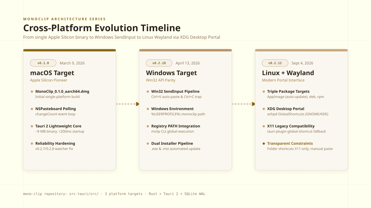 Cross-platform evolution timeline showing macOS, Windows, Linux with Wayland support