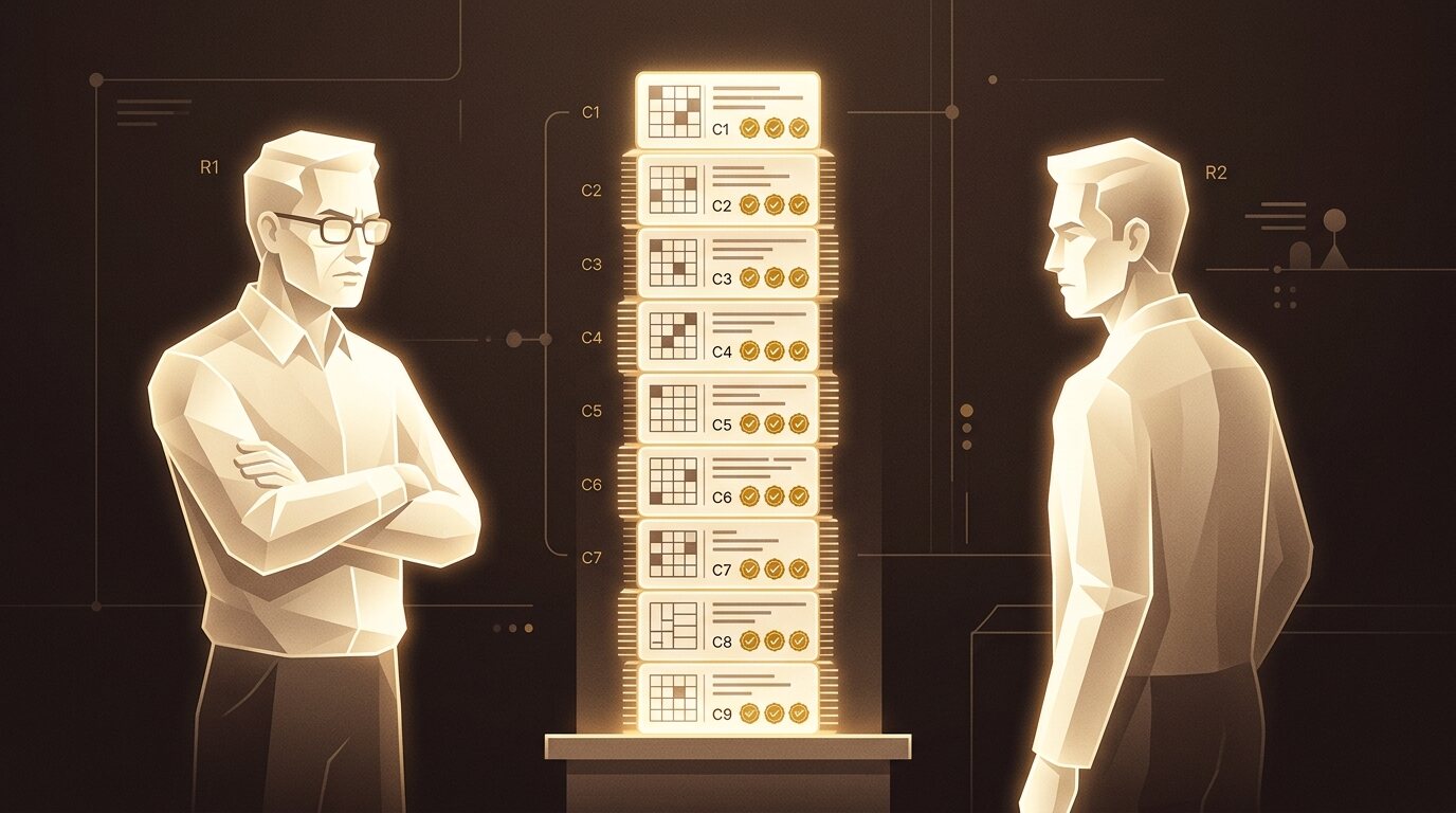 A vertical stack of glowing code commit cards, each stamped with gold check seals, examined from opposite sides by two reviewer figures made of light