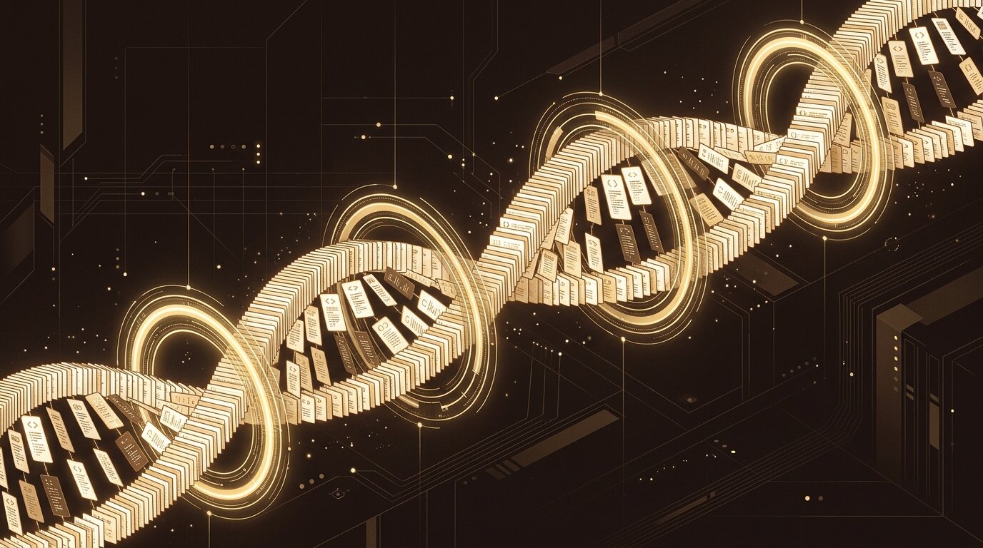 A glowing double helix built from small stacked code checkpoint cards, passing through four luminous gold gate rings on a dark espresso background