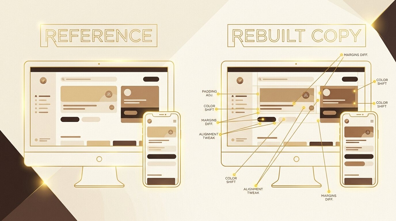 Two screen mockups side by side, a reference and a rebuilt copy, with small gold markers and callout lines pinpointing tiny visual differences